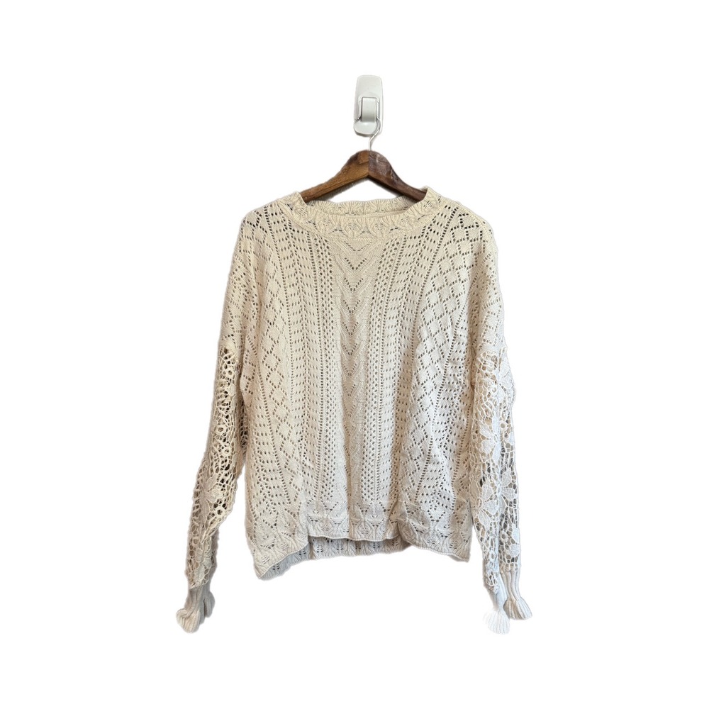 Flawless Crochet Lace Knit Sweater Women L Cream Excellent Boho Ruffle Sleeve